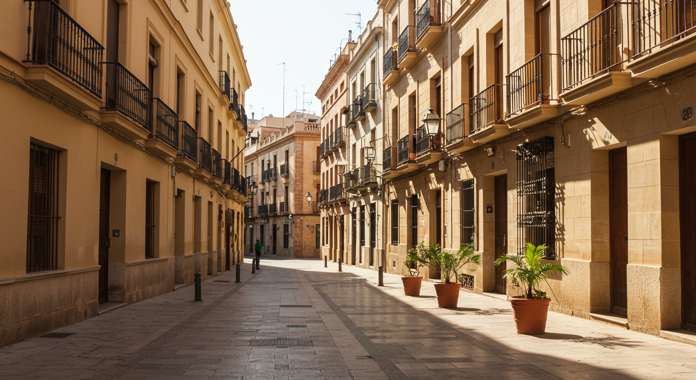 Fachada de un edificio de apartamentos en Valencia bañada por el sol, con balcones de hierro forjado y macetas de terracota