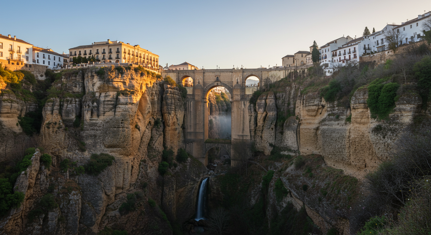 Ronda's Puente Nuevo bridge spanning the Tajo gorge in golden morning light, Andalucía