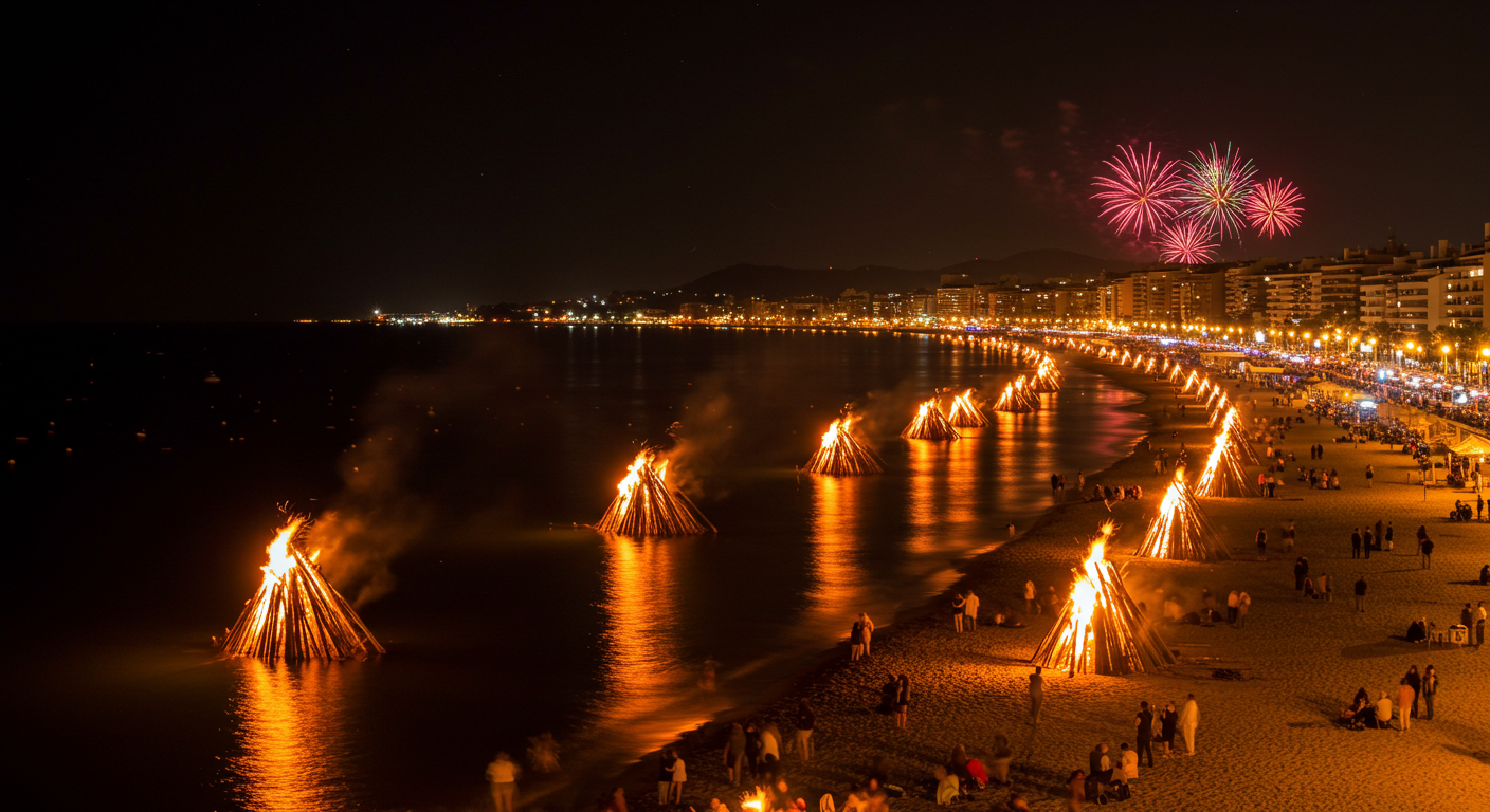 Hileras de hogueras ardiendo en una playa española a medianoche durante la Noche de San Juan, con fuegos artificiales reflejados en el mar