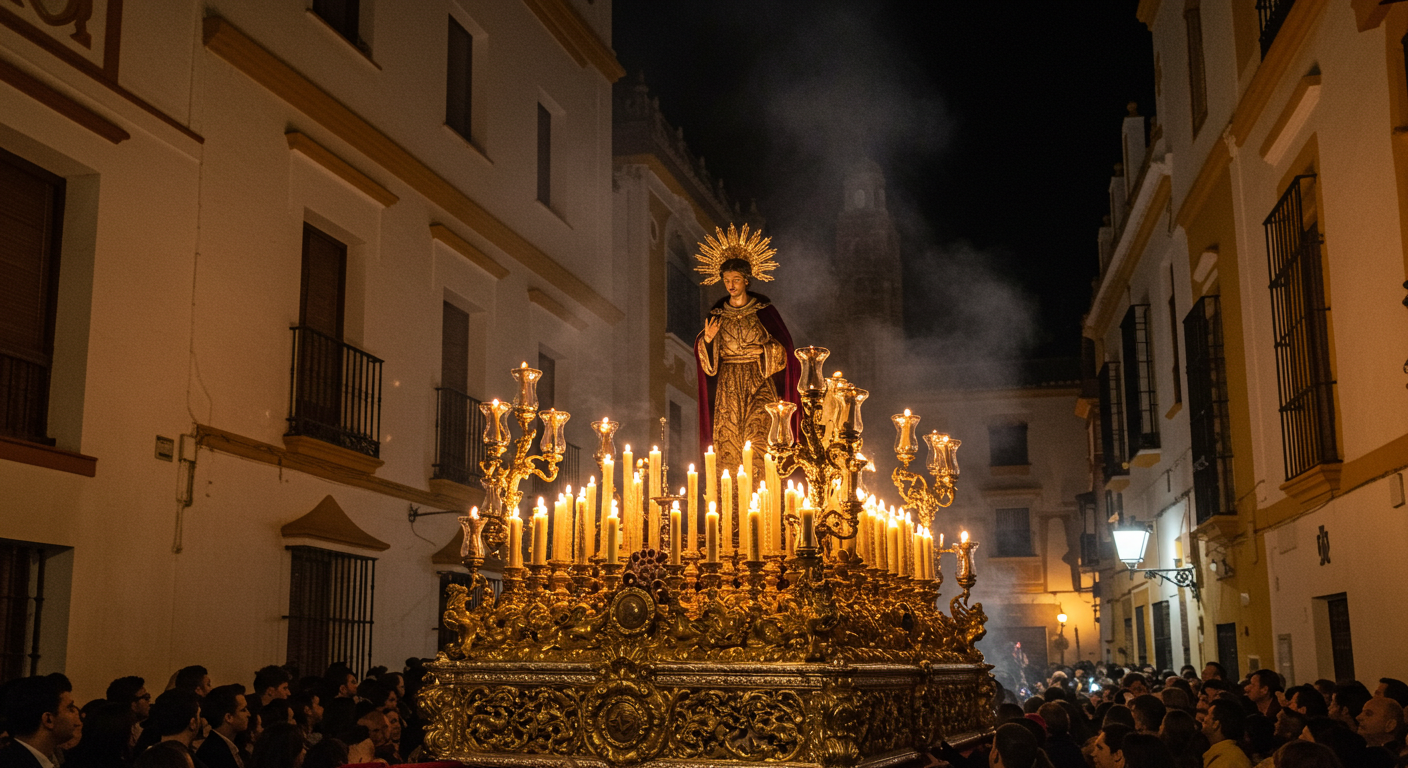 A Semana Santa paso float carried through a narrow Seville street at night, lit by hundreds of candles, with incense smoke rising above the crowd