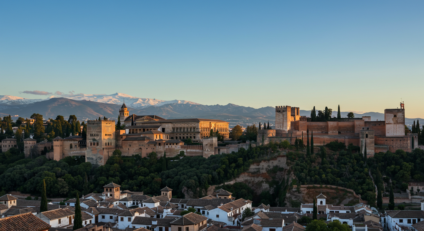 La Alhambra y los tejados de Granada bañados por la cálida luz otoñal de la tarde, con la Sierra Nevada al fondo