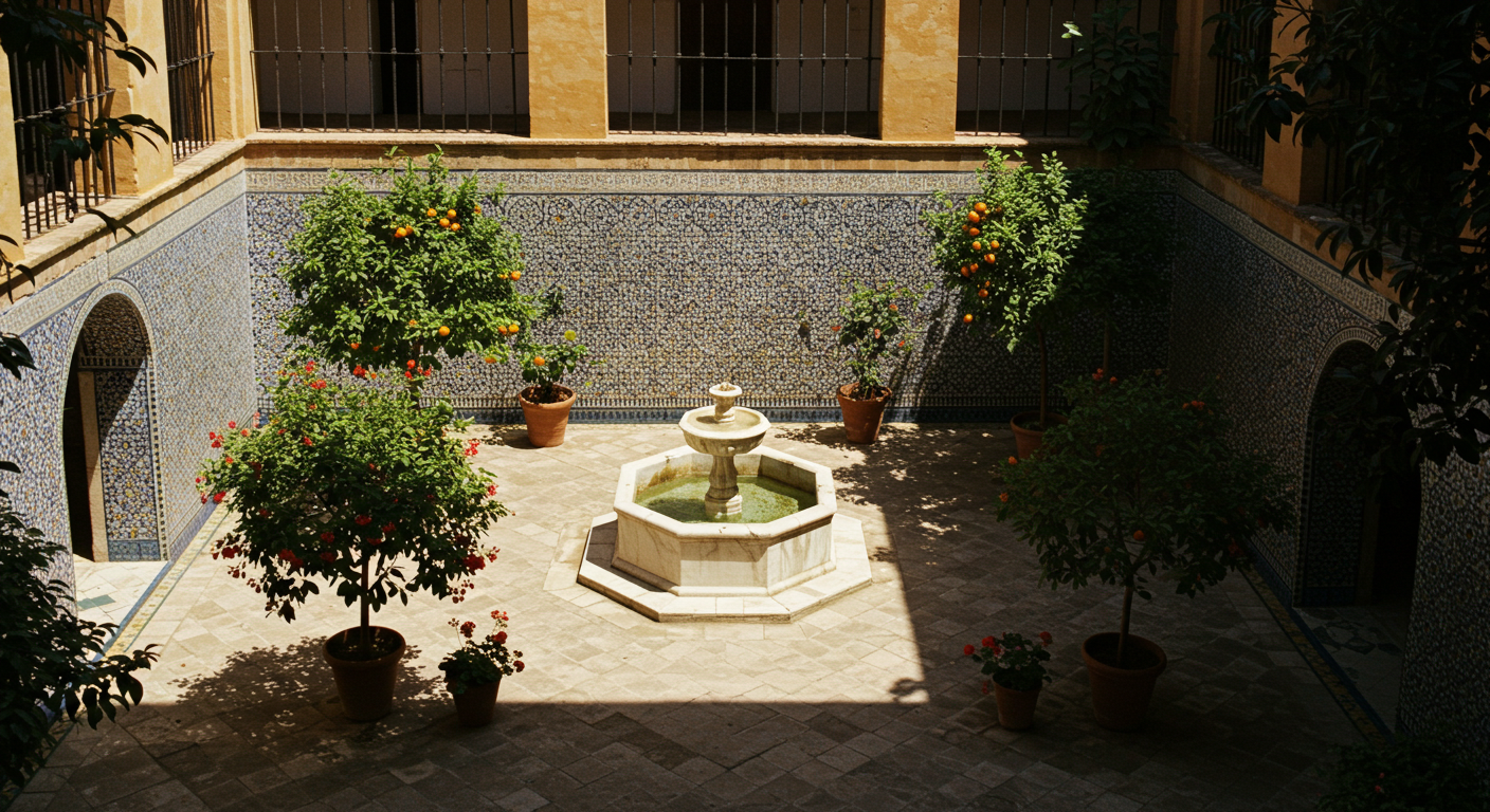 Sunlit interior courtyard of a historic Seville palace hotel with terracotta tiles and potted orange trees