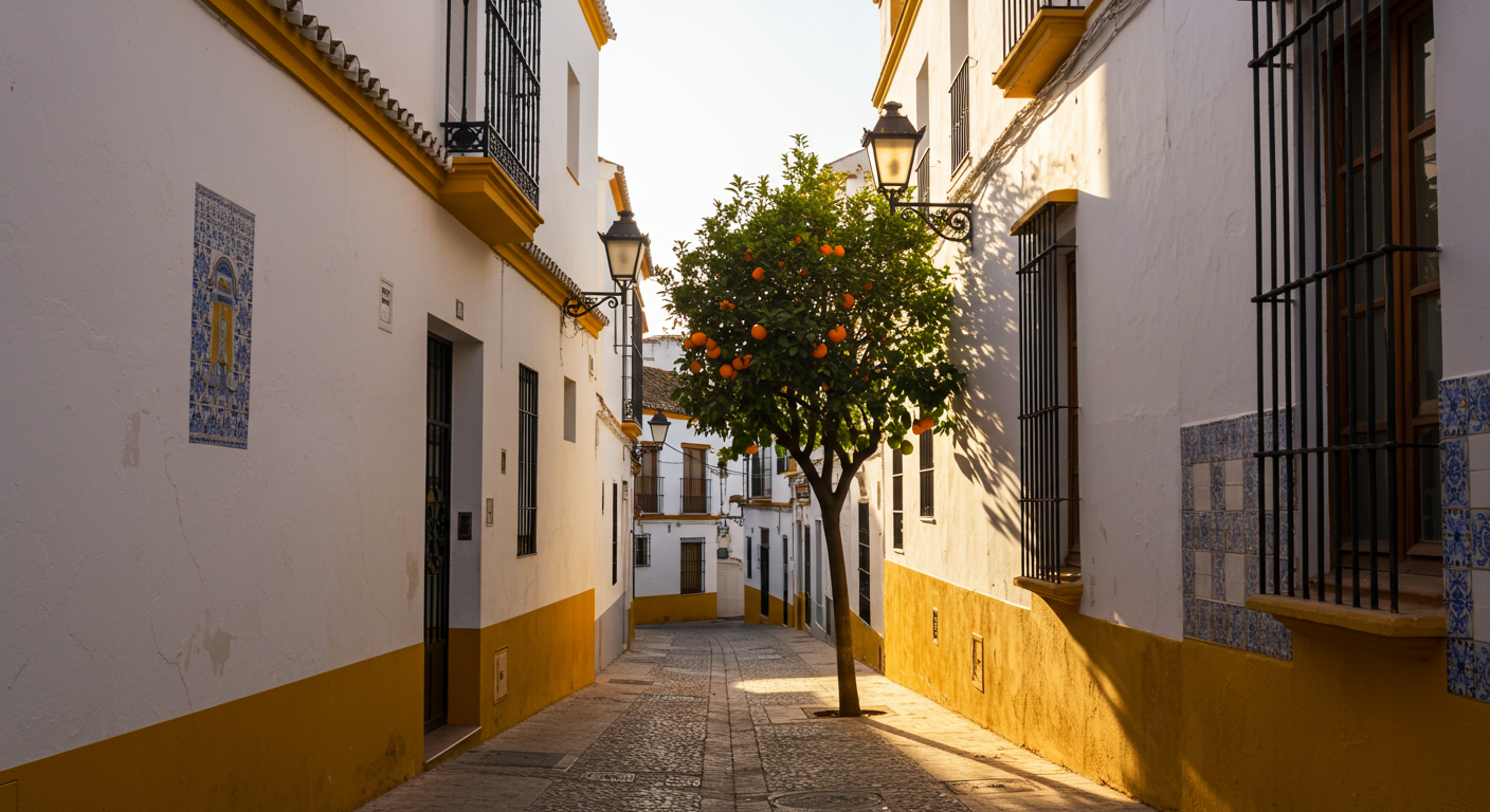 Callejón encalado en el barrio de Triana, Sevilla, a la hora dorada, con naranjos y fachadas de azulejos