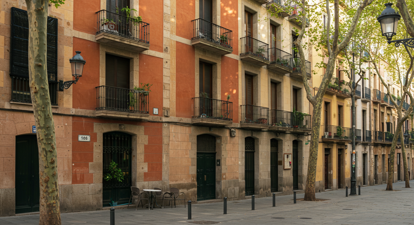 Calle estrecha y soleada en Gràcia, Barcelona, con balcones de colores y una terraza de café local