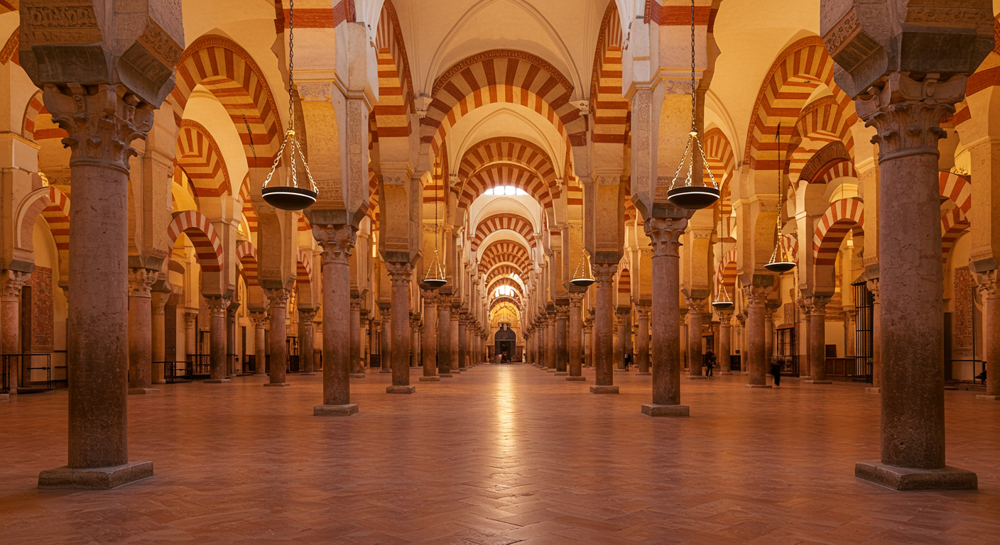 Striped arches inside the Mezquita-Catedral of Córdoba, morning light, no people