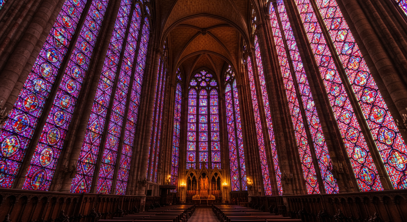 El interior de la Catedral de León bañado en luz de colores a través de sus vidrieras en una mañana tranquila