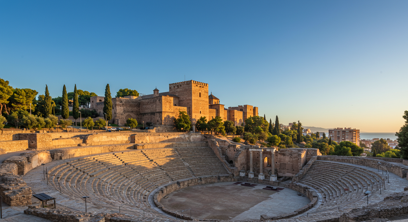 La fortaleza de la Alcazaba sobre el teatro romano de Málaga en una mañana despejada, con la ciudad y el mar al fondo