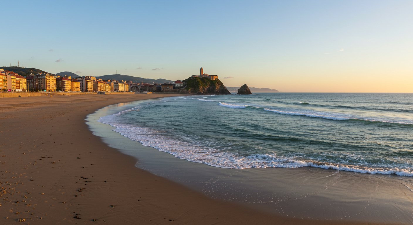 Gijón's Playa de San Lorenzo beach with the Cimadevilla headland and Cantabrian Sea on a clear summer morning