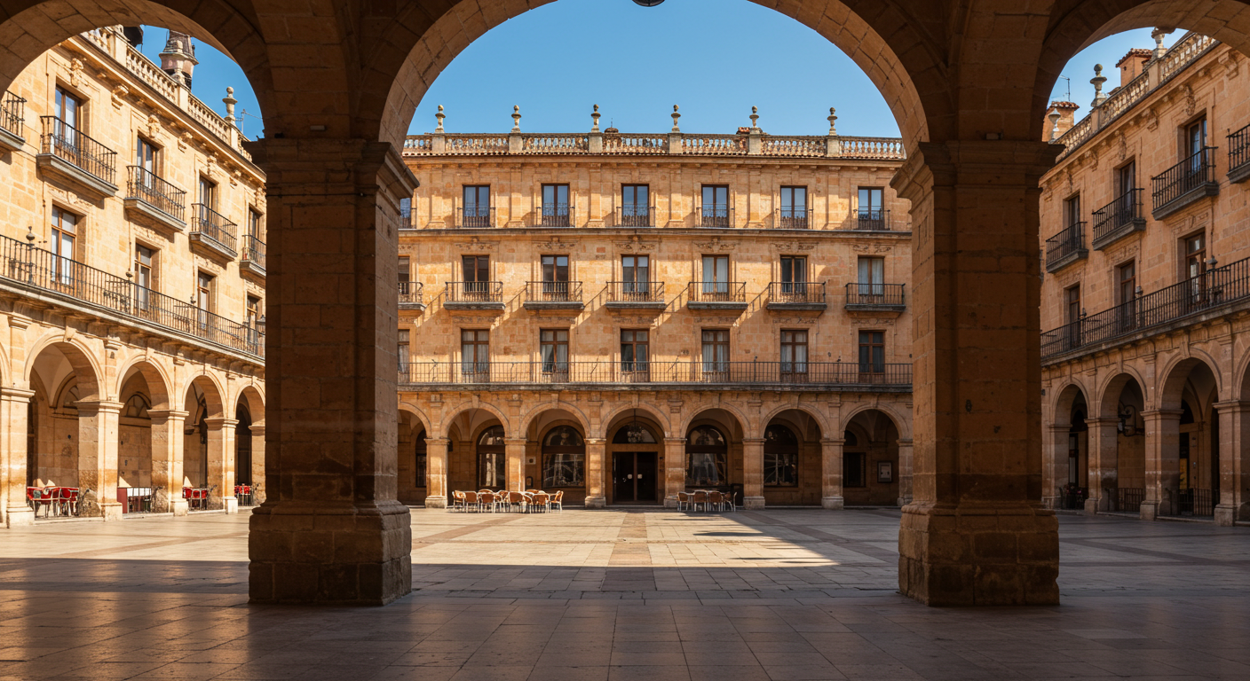 La fachada de piedra dorada de la Plaza Mayor de Salamanca con la luz de última hora de la tarde