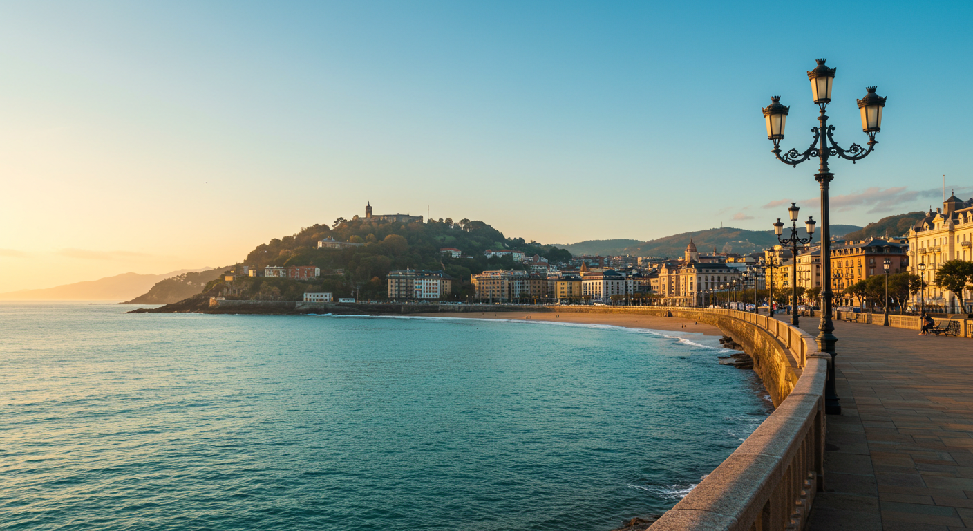 La bahía de La Concha a la hora dorada con el paseo marítimo y el Monte Urgull al fondo, San Sebastián