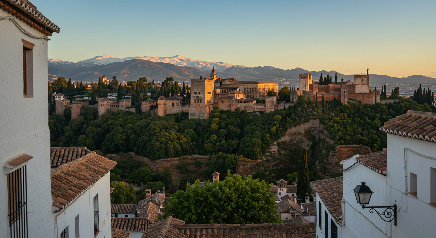 View from the Albaicín across the Darro valley to the Alhambra at golden hour, Granada