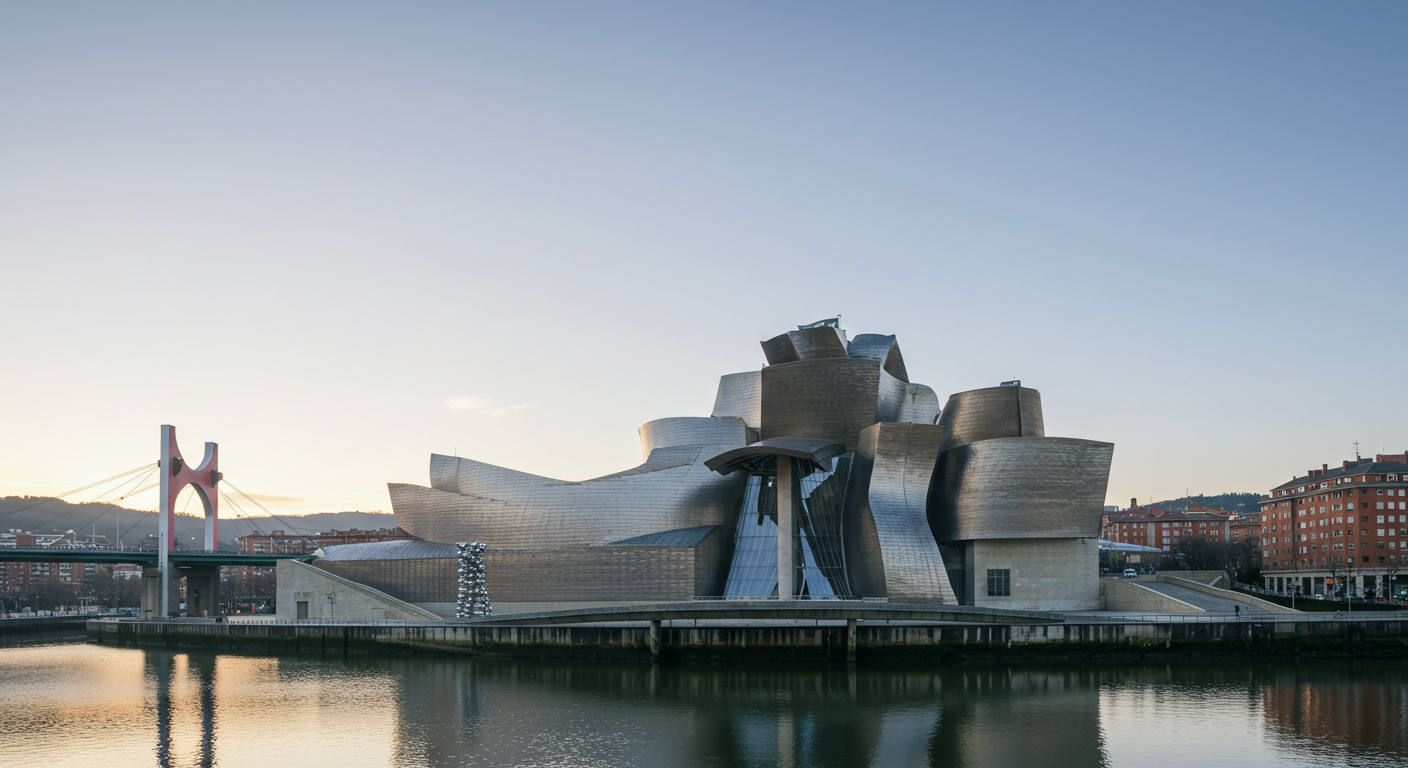El Museo Guggenheim Bilbao reflejado en el río Nervión en una mañana despejada, con las curvas de titanio captando la luz