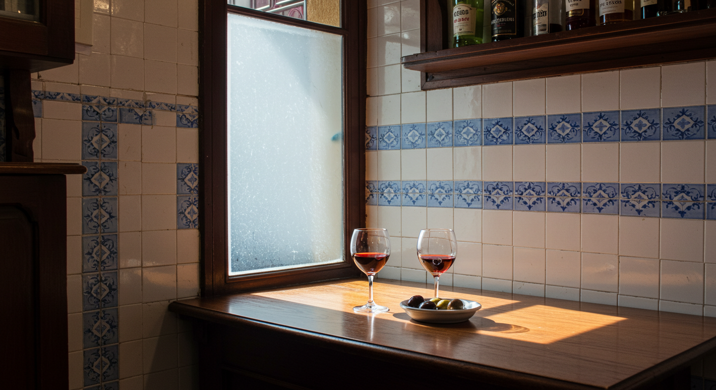 Interior de un bar con azulejos en el barrio de Malasaña, Madrid, con copas de vermut sobre la barra y luz de tarde filtrándose por una ventana emplomada