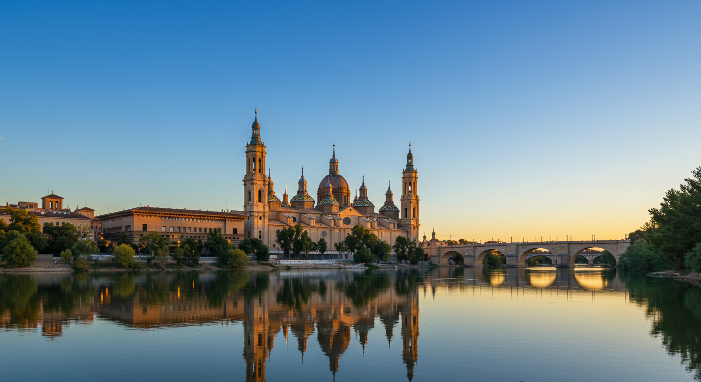 La Basílica del Pilar reflejada en el río Ebro a la hora dorada, Zaragoza, España