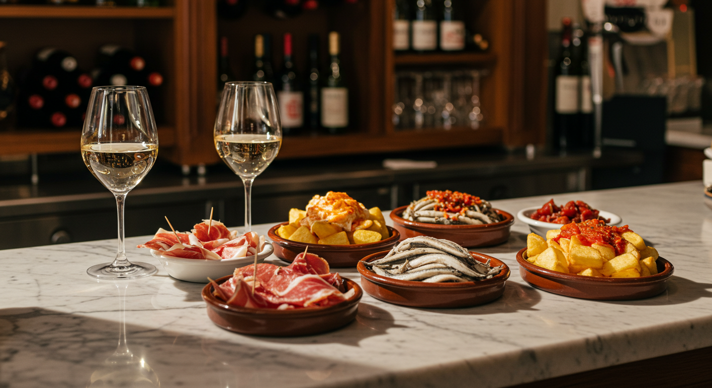 Colourful tapas dishes and glasses of wine on a marble bar counter in a traditional Spanish bar