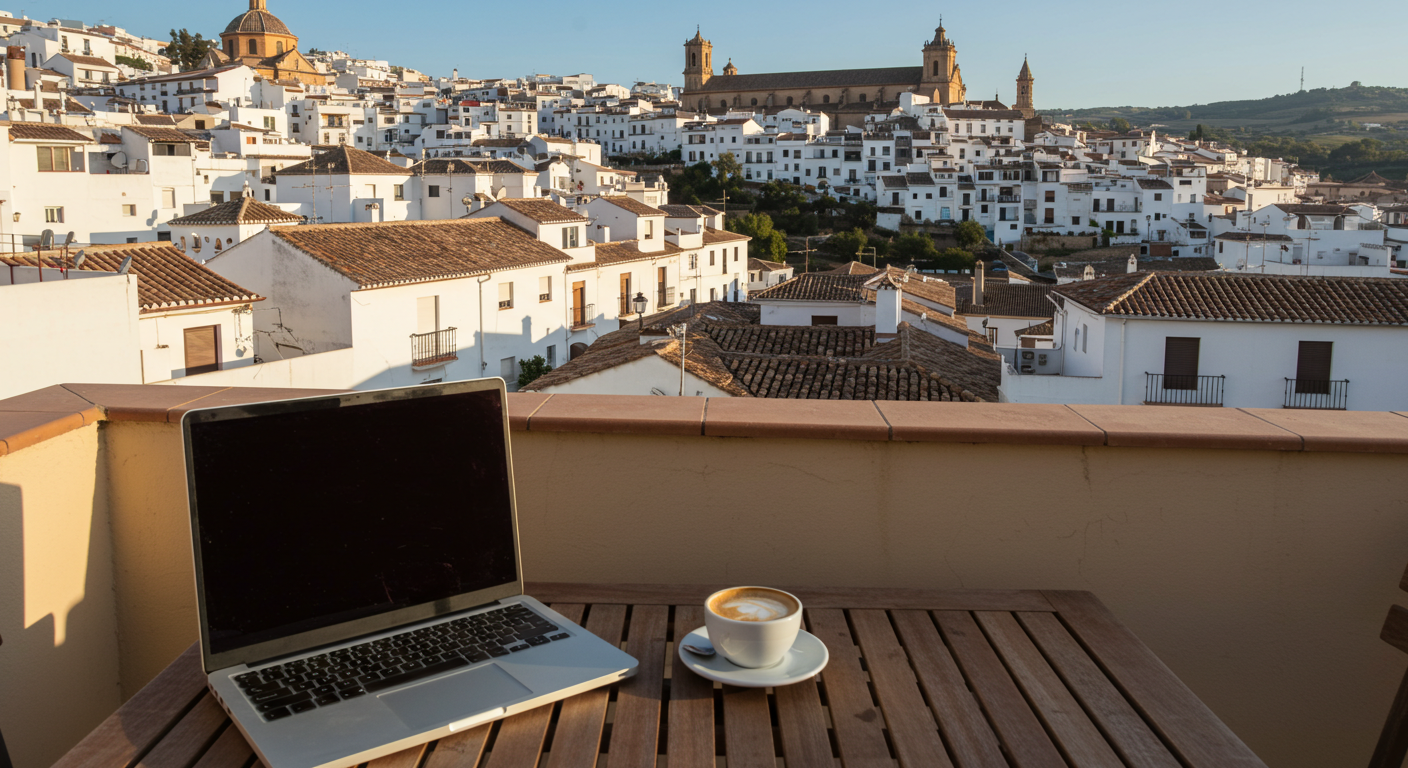 Portátil abierto en una terraza soleada con vistas a un casco antiguo español, tejados de terracota y una torre de iglesia al fondo