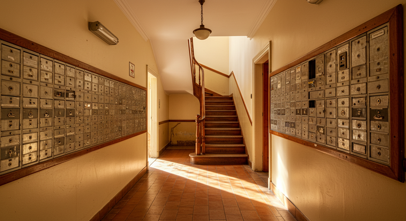 Zaguán con azulejos de un edificio de apartamentos español con pared de buzones y luz de tarde