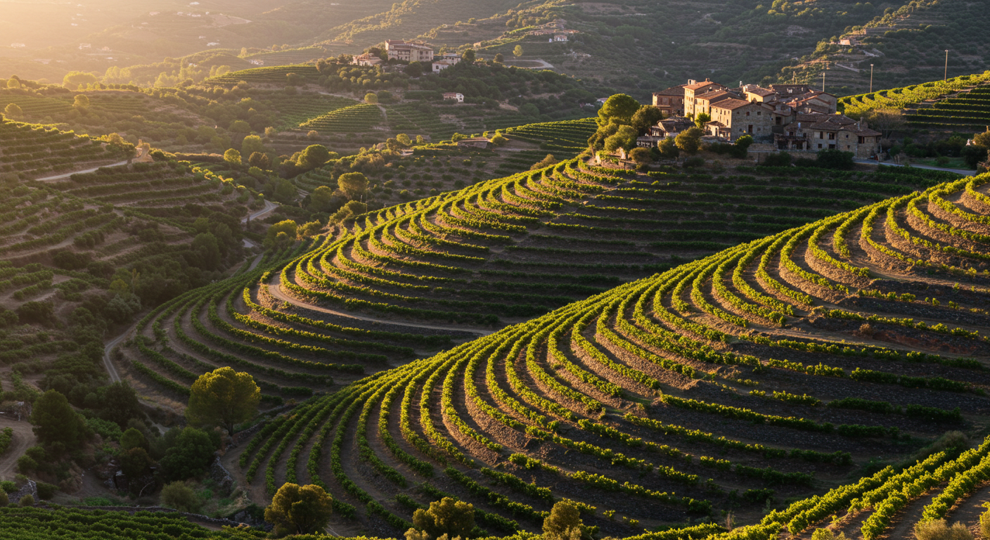 Viñedos de Garnacha en terrazas sobre laderas de pizarra en el Priorat, Cataluña, a la hora dorada