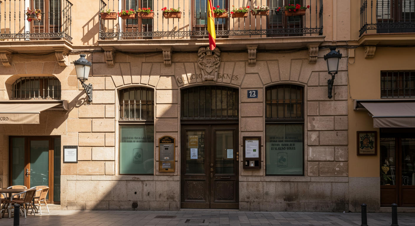 Exterior de una sucursal bancaria española en una calle soleada de ciudad con una terraza de café al lado