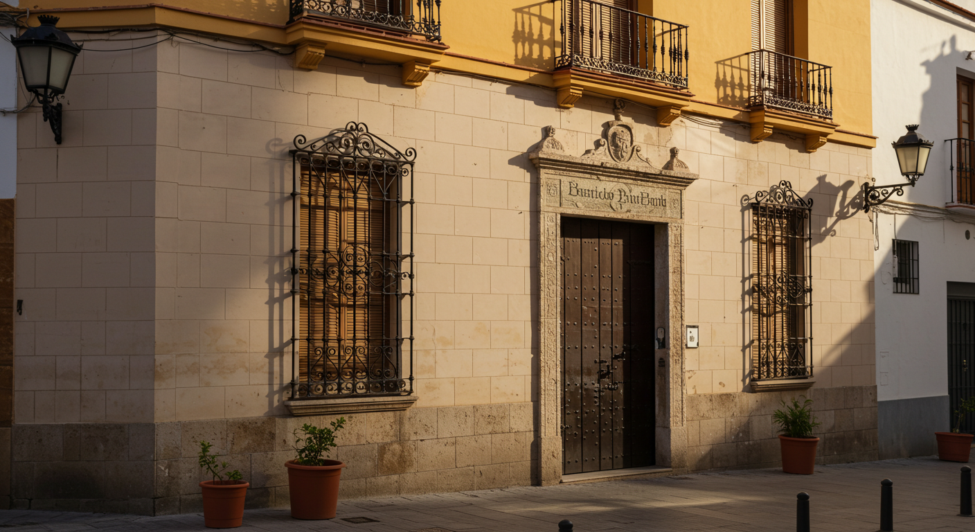 A sunlit Spanish bank branch exterior with tiled facade and wrought-iron window grilles on a quiet city street