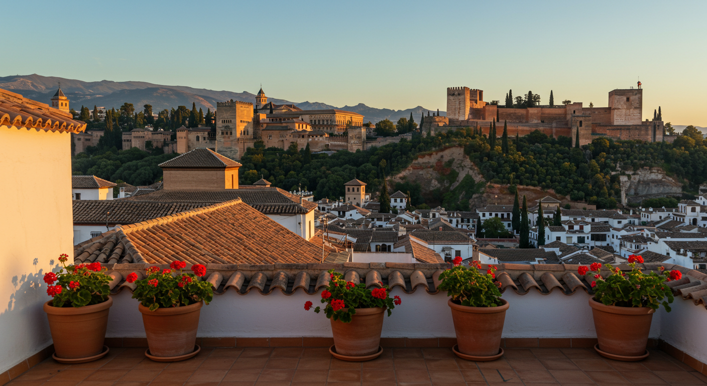 Vista de la Alhambra desde una terraza en azotea del Albaicín, Granada, a la hora dorada