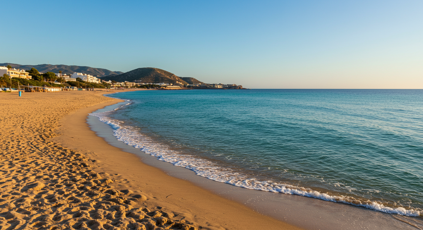 Mar azul y transparente en una playa española tranquila bajo el sol otoñal, con arena dorada y algunos bañistas
