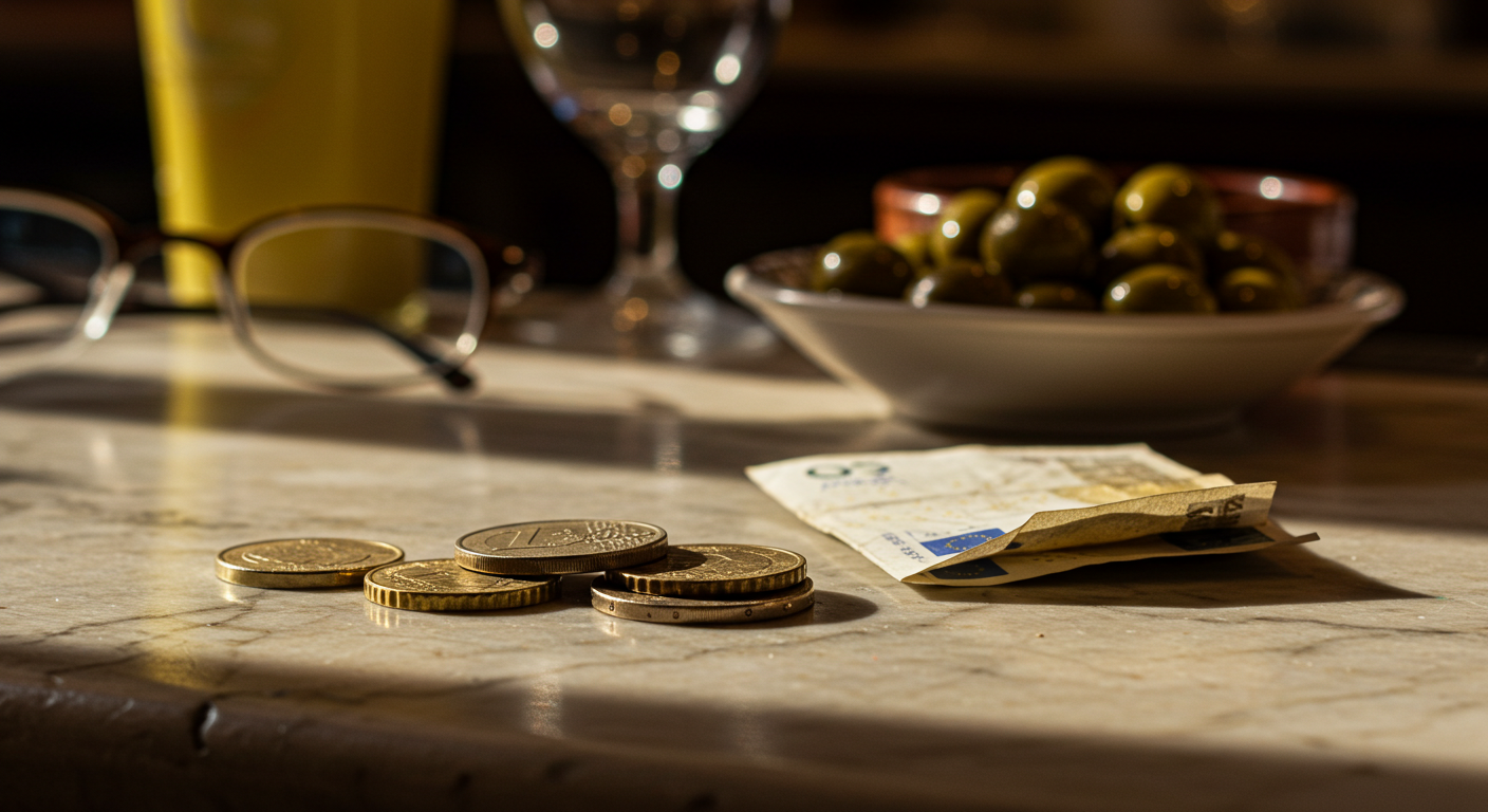 Coins and a small euro note left on a marble bar counter in a traditional Spanish tapas bar