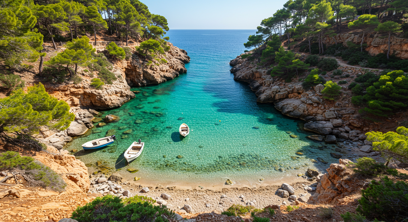 Turquoise water and pine-covered limestone cliffs at Cala Granadella near Xàbia, Costa Blanca, in summer