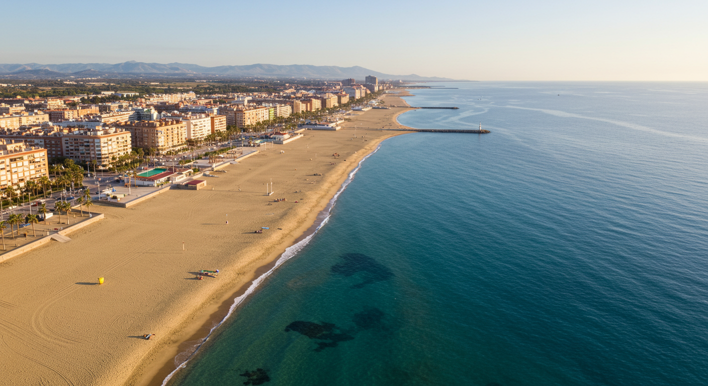 Vista aérea de la playa de la Malvarrosa de Valencia y la costa de la ciudad en un día despejado y soleado