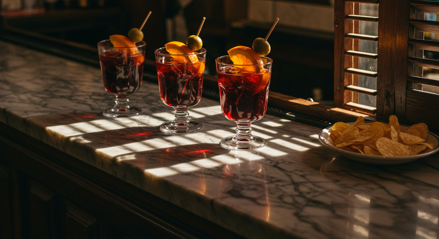 Copas de vermut rojo con rodajas de naranja y aceitunas sobre la barra de mármol de un bar de barrio español